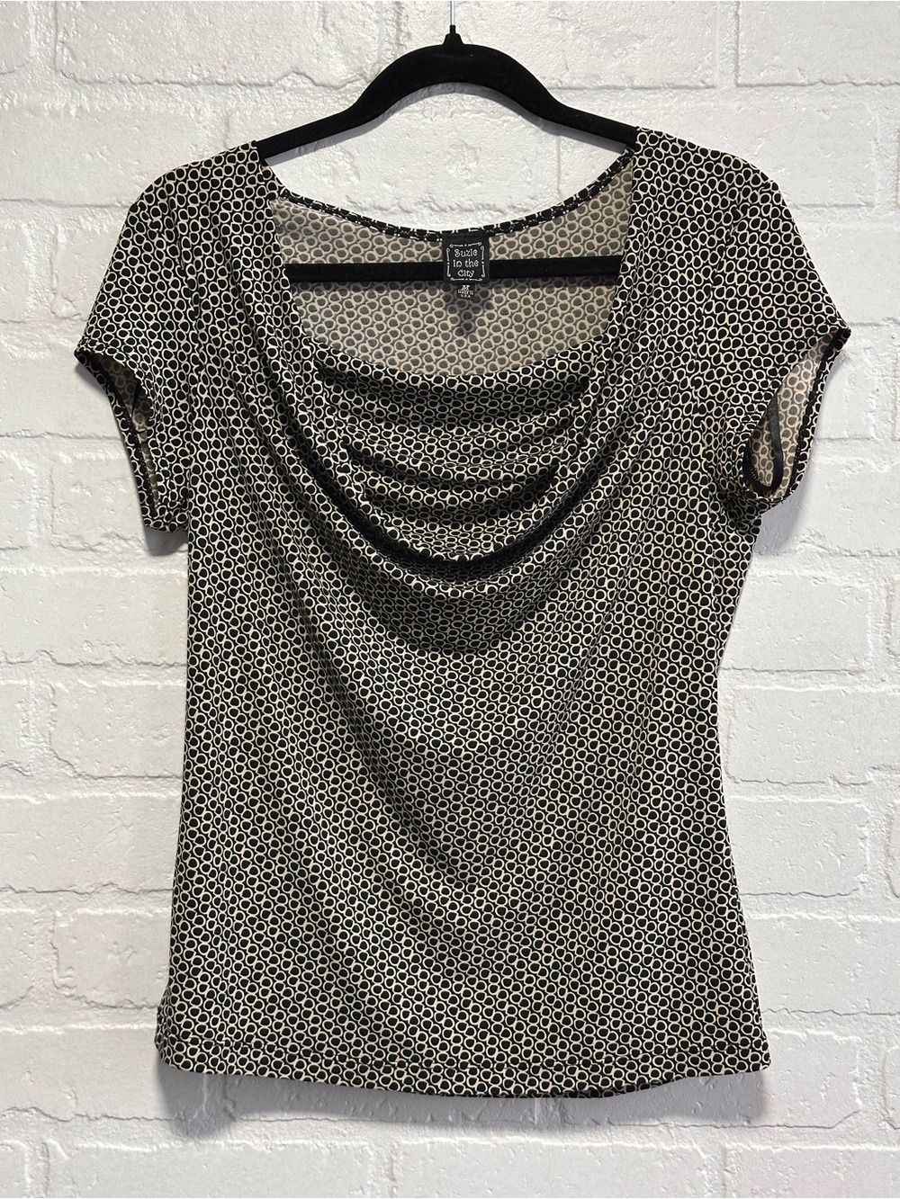 Suzie in the City black & white top with cowl neck and cap sleeves